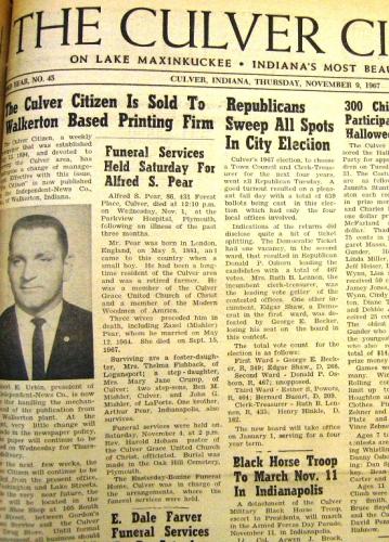 Culver Citizen sold to Independent News Co Walkerton Nov. 9 1967